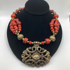 Ethnic red stone bead necklace brass pendant tribal wrapped button closure